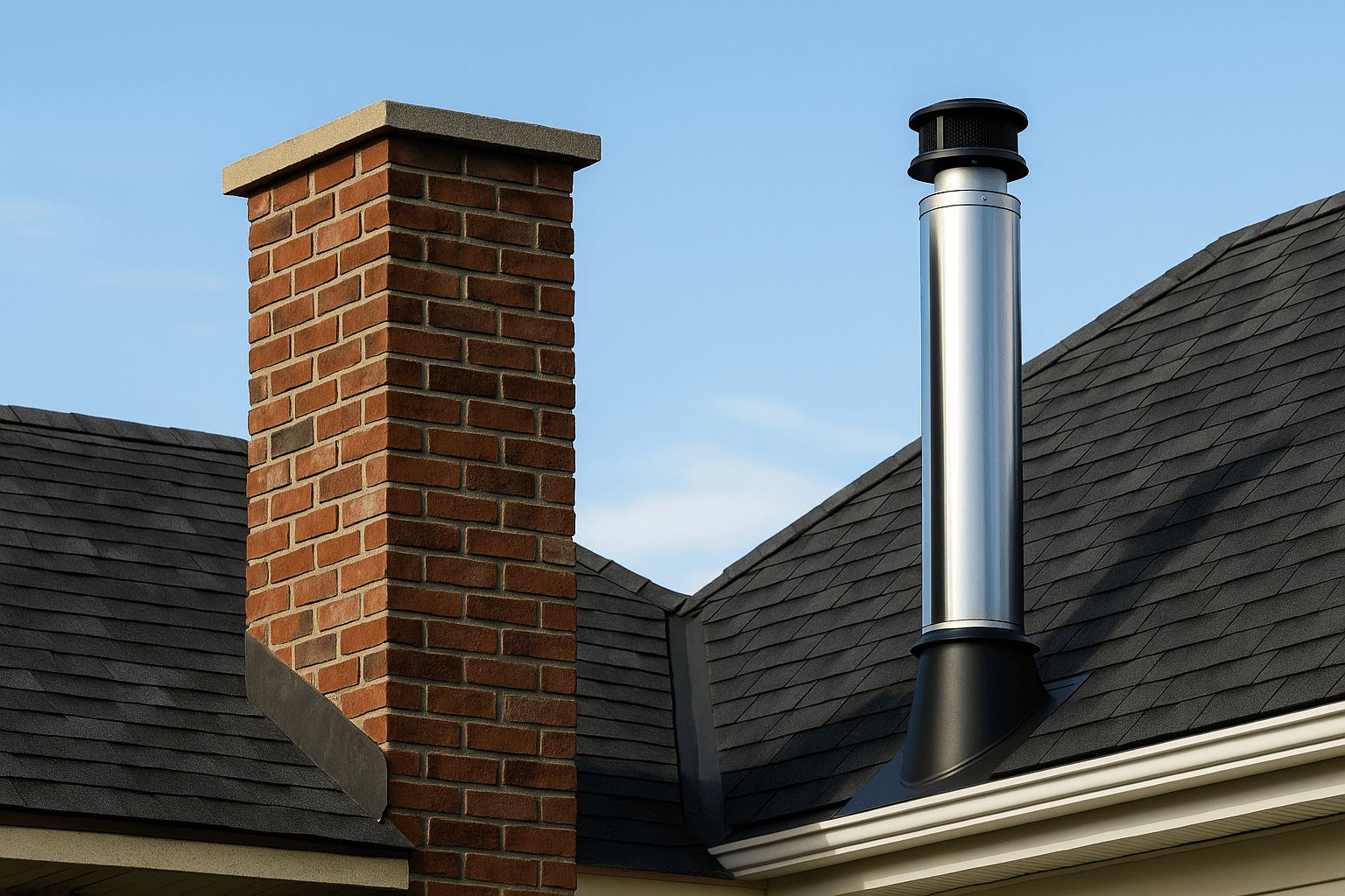 Brick chimney and stainless flue pipe over a Torrance roofline
